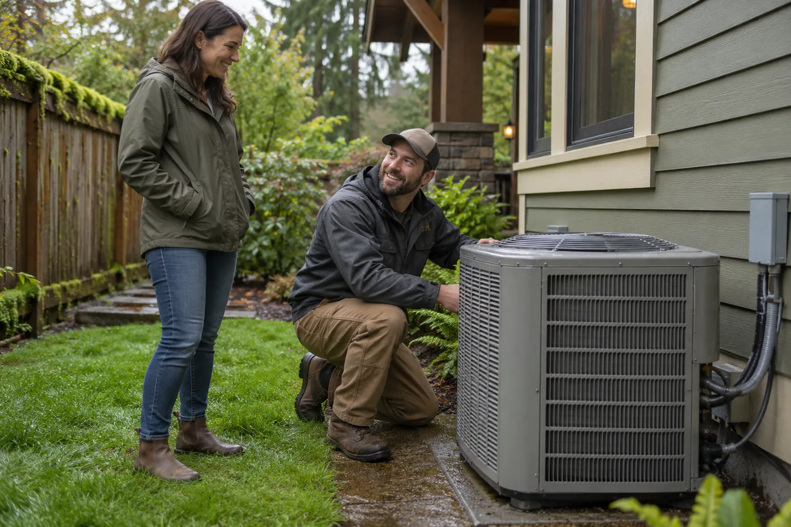 A friendly local provider checking an outdoor air conditioner beside a wood-frame home in Everett