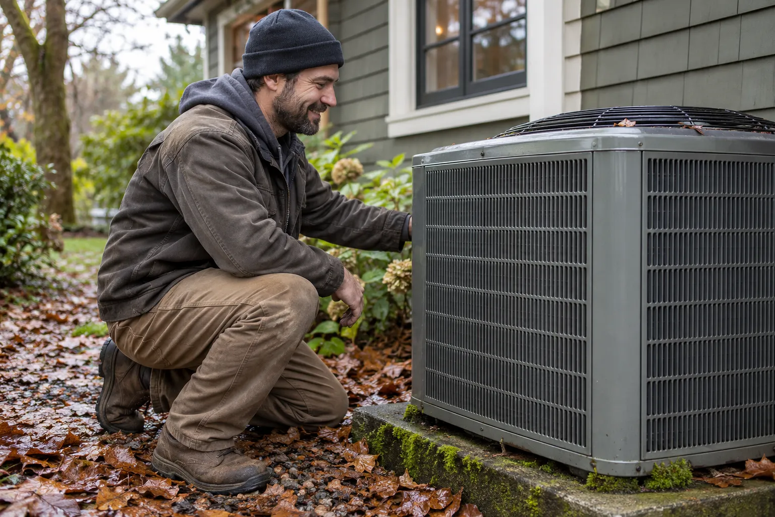 A provider checking an outdoor AC unit covered in light moss near Everett