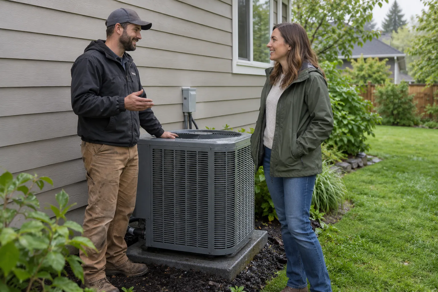 A homeowner talking with a friendly HVAC provider beside an outdoor AC unit in Everett